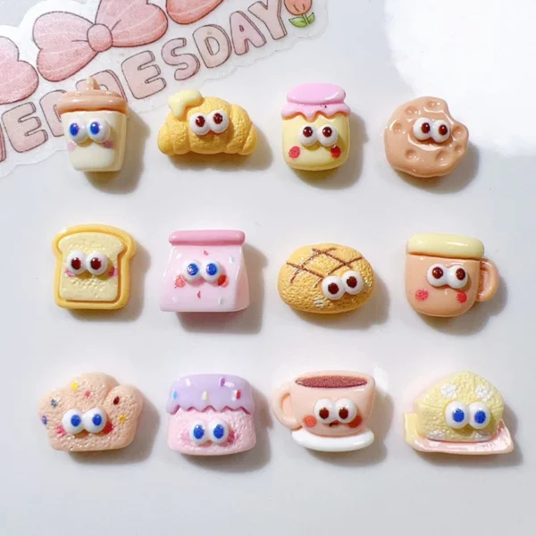 30Pcs New Cute Resin Mini Cake, Coffee Bread Series Flat Back Manicure Parts Embellishments For Hair Bows Accessories