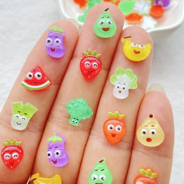 50pcs Resin Cute mini cartoon fruits strawberry, radish, eggplant, watermelon Nail Art Rhinestone DIY Scrapbook Decor Crafts