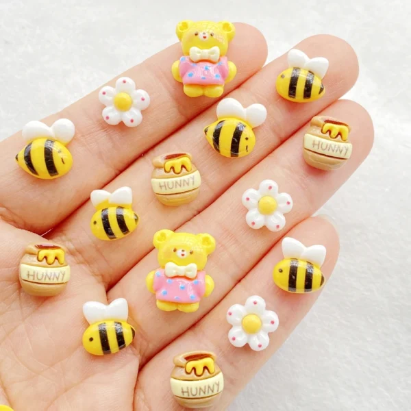 20Pcs New Mixed Nail Art Resin Little Bear, Bee, Bee Jar, Flower Designer Charms Rhinestones DIY Craft For Nail 3D Decorations
