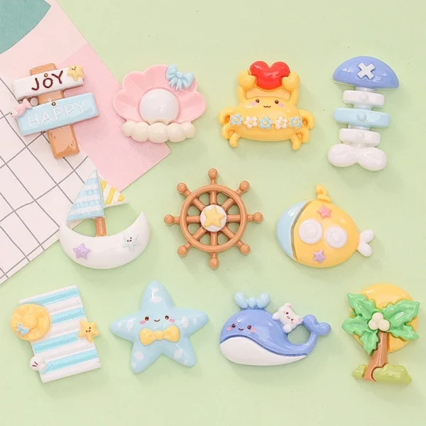 10PCS Shiny Sailboat Crab Series Resin Flat Back Cabochons For Hairpin Scrapbooking DIY Jewelry Craft Decoration Accessories