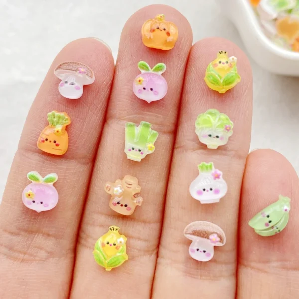 100Pcs Cute Mini Mushrooms, cabbage, pumpkin, corn and vegetables Nail Art Resin Designer Charms Craft For Nail 3D Decoration