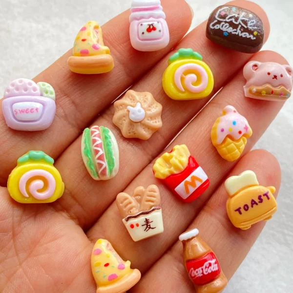 30Pcs Cute Mini Cartoon Bread, French fries, ice cream Flat Back Rhinestone Bead Scrapbook DIY Manicures Appliques Accessories