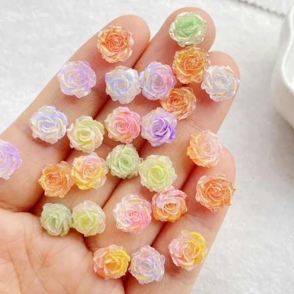 50pcs Resin Mixed Colorful Gold Glitter Roses Nail Art Flatback Scrapbook DIY Wedding Applique Jewelry Accessories Crafts