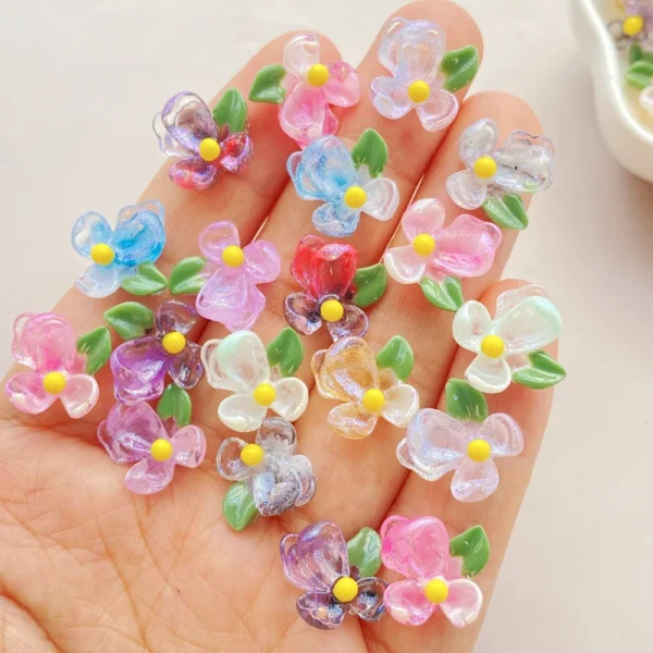 50Pcs Cute Cartoon Mini Colorful and Shiny Flowers Nail Art Resin Designer Charms DIY Craft For Nail 3D Decorations Jewelry