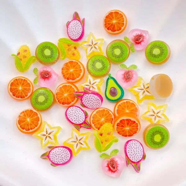 50Pcs New Cute Mini Cartoon Avocados, Corn, Oranges, Peaches Resin Flatback Ornament Jewelry Making Manicure Hairwear Accessorie