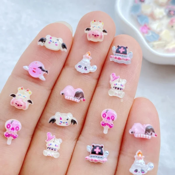 50Pcs Cute Mini cartoon Halloween bat, skull lollipop Nail Art Resin Designer Charms DIY Craft For Nail 3D Decorations Jewelry