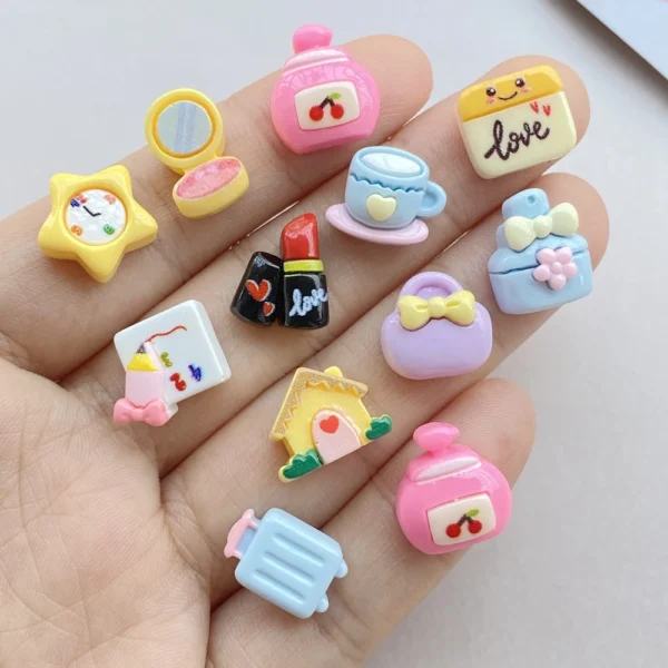 30Pcs Cute Cartoon Mini Lipstick, Mirror, Suitcase, Alarm Clock Nail Art Resin Designer Charms DIY Craft For Nail 3D Decorations