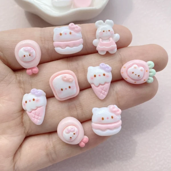 20Pcs New Cute Resin Mini Cartoon Rabbit, Ice Cream, Cat Flatback Jewelry Making Manicure Hairwear Accessories