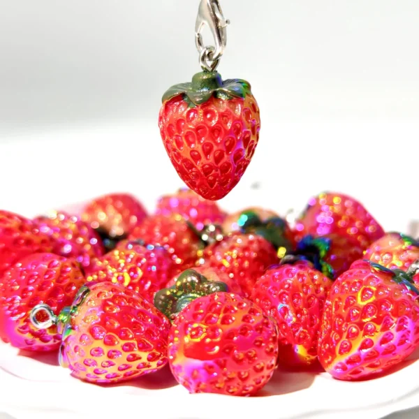 New Shiny UV Cute Red Hanging Hole Strawberry shaped 24mm Resin Pendant for DIY Jewelry Keychain Accessories