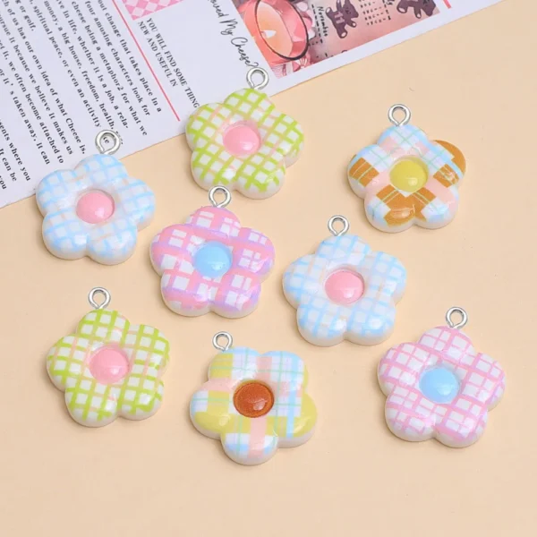 10pcs Cartoon checkered resin flower pendant diy fresh cute and multi-color handmade jewelry accessories making for Earrings