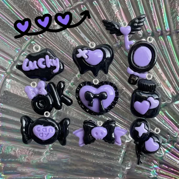 10pcs Black purple bow heart balloon resin pendant diy Handmade Dark series phone case decorations making for Keychain earrings